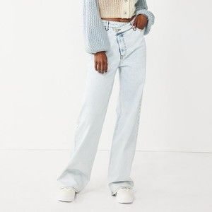 SO Wide Leg Denim Jeans Womens Juniors 9 Blue Angled Zip High Rise Stretch NEW